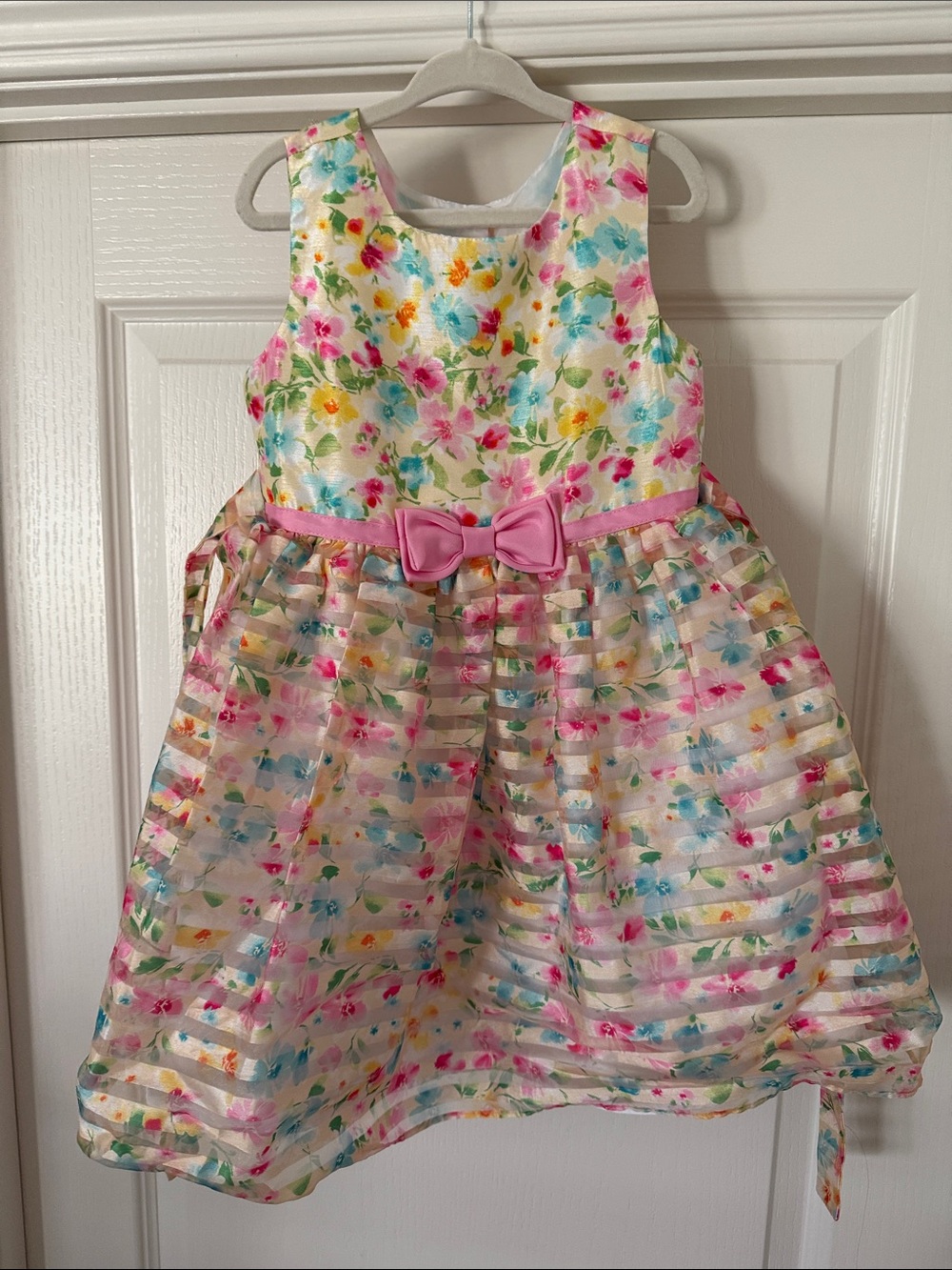 Jona Michelle Multicolor Floral Party Dress with Pink Bow